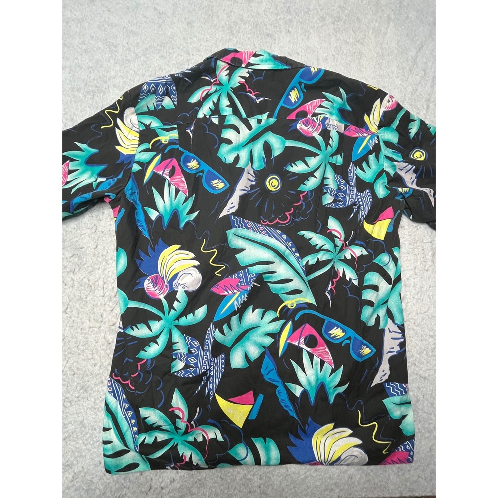 Royal Creations Hawaii Mens‎ Large Vintage Neon Tropical Palm Camp Shirt Black